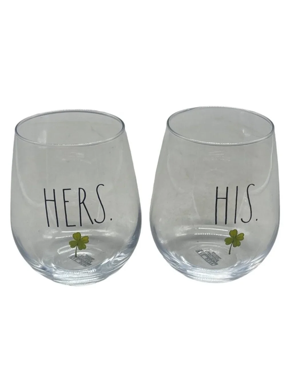 rae dunn stemless wine glasses set of 2 his hers 4 leaf clover clear Irish 5